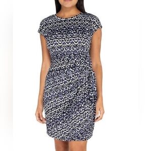 Nicole Miller printed cap sleeve side tie knot knit dress, small, blue/ …